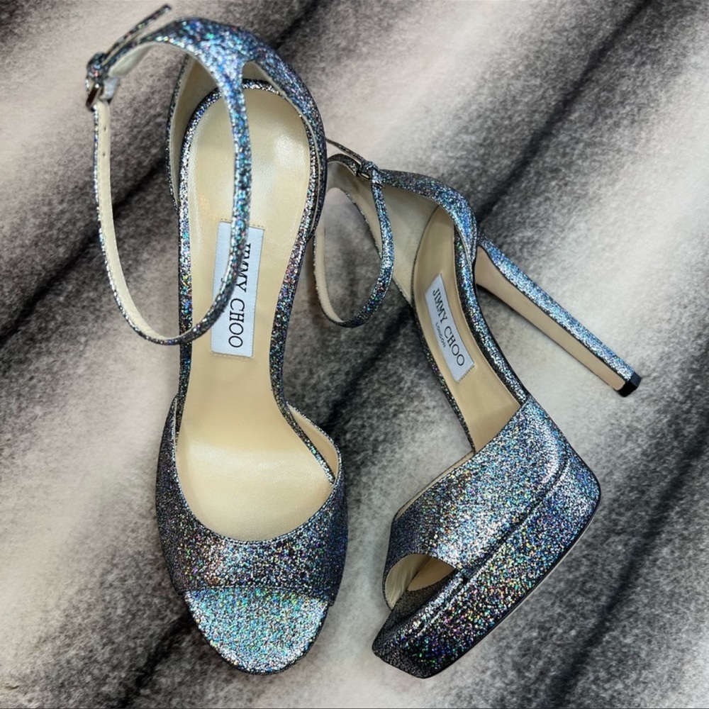 Jimmy Choo Pattie 130 Multi Hologram Leather Platform Sandal Heels - Picture 3 of 11